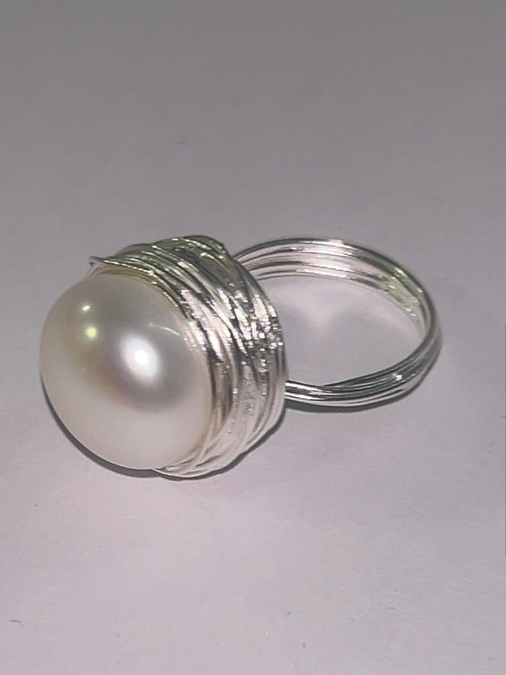 Sterling Silver Wire-Wrapped Pearl Statement Ring Size 7